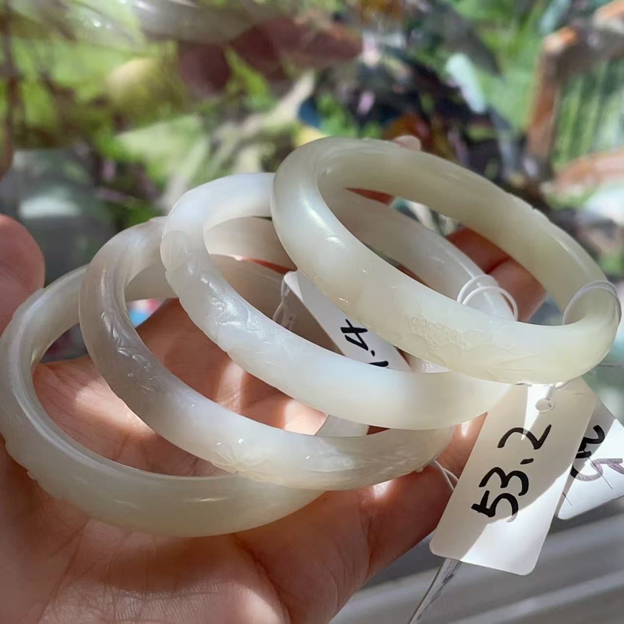 Deal! Natural White Jade Carved Bangle | Floral Jade Bracelet | Slim Round Bangle | Small Size Jade Jewelry | Handmade Gemstone Bracelet