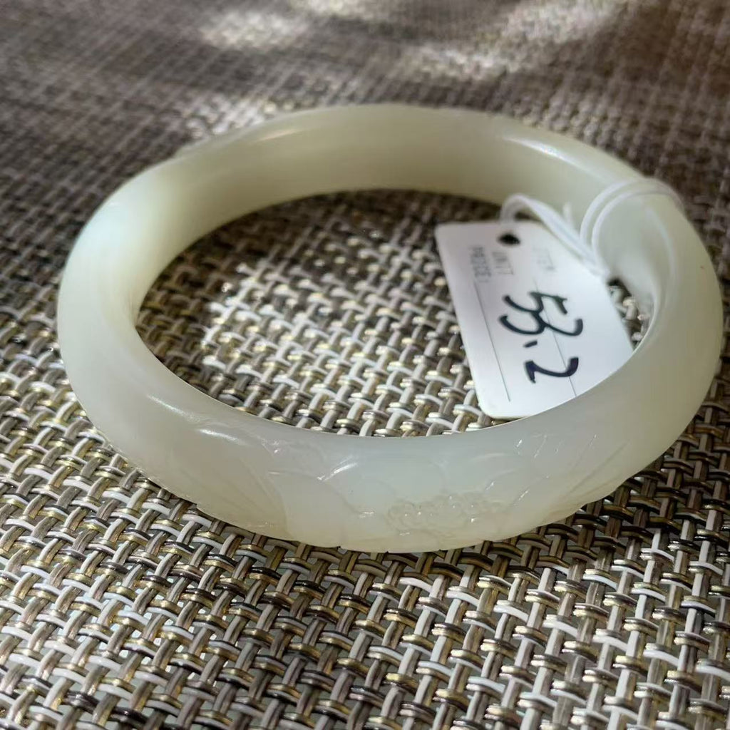 Deal! Natural White Jade Carved Bangle | Floral Jade Bracelet | Slim Round Bangle | Small Size Jade Jewelry | Handmade Gemstone Bracelet