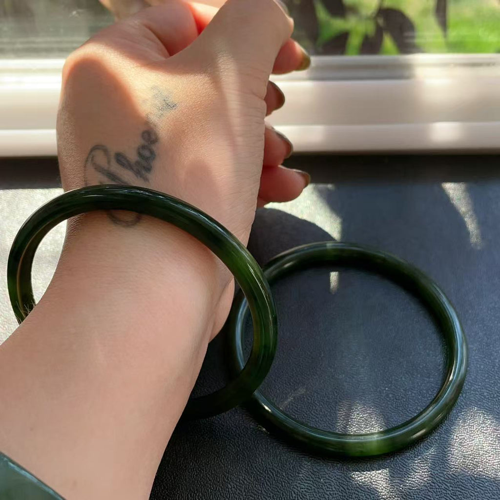 Certified Very Slim Natural Nephrite Jade Bangle | Dark Green Jade Bracelet | Stacking Bangle | Size 59–60mm |  Certified Jade