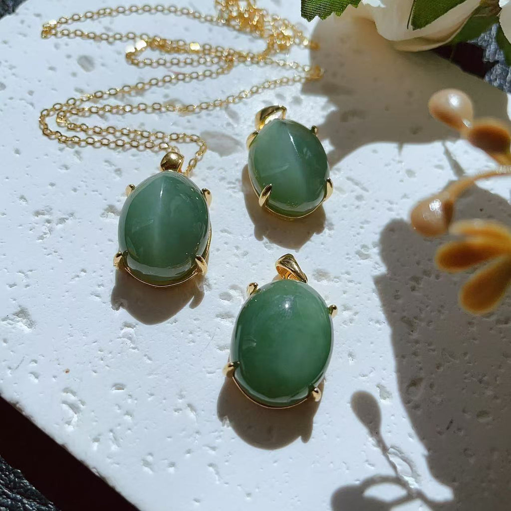 Certified Peppermint Green Jade Pendant | Natural Nephrite Oval Necklace | 18K Gold Plated 925 Silver | Minimalist Luxury Jewelry