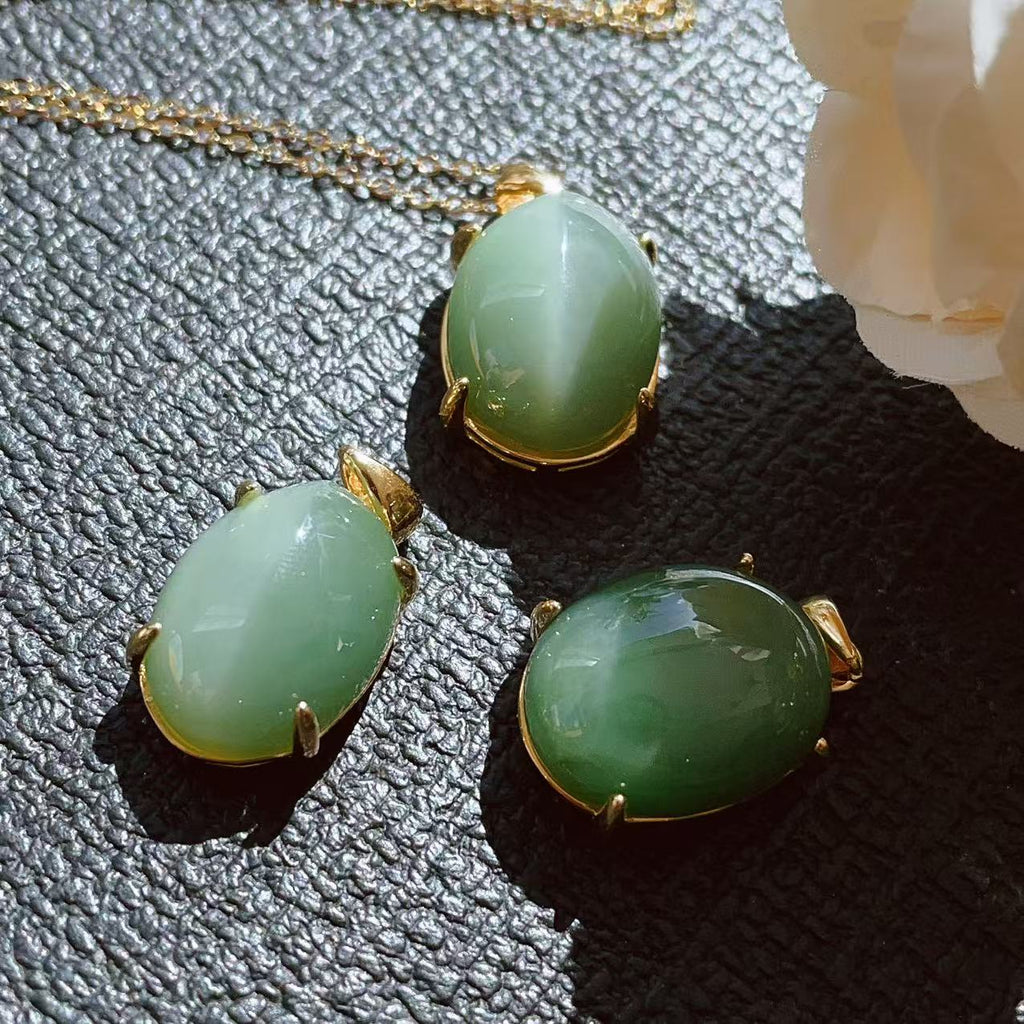 Certified Peppermint Green Jade Pendant | Natural Nephrite Oval Necklace | 18K Gold Plated 925 Silver | Minimalist Luxury Jewelry