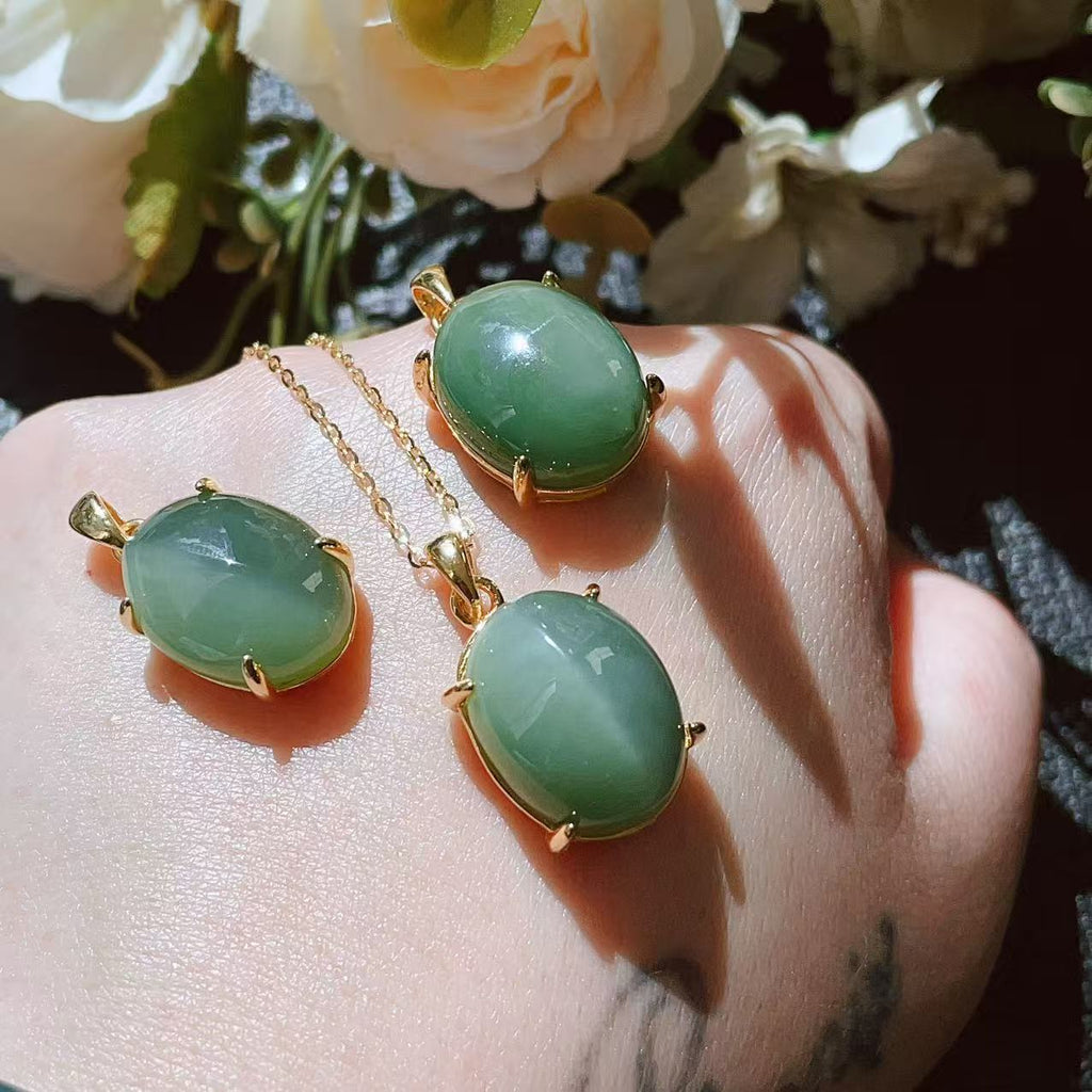 Certified Peppermint Green Jade Pendant | Natural Nephrite Oval Necklace | 18K Gold Plated 925 Silver | Minimalist Luxury Jewelry