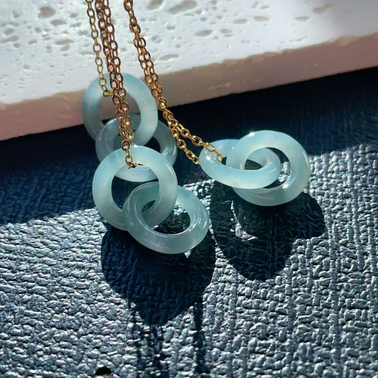 Natural Blue Green Jadeite Double Ring Necklace | Minimalist Jadeite Pendant in 18K Gold Plated Chain