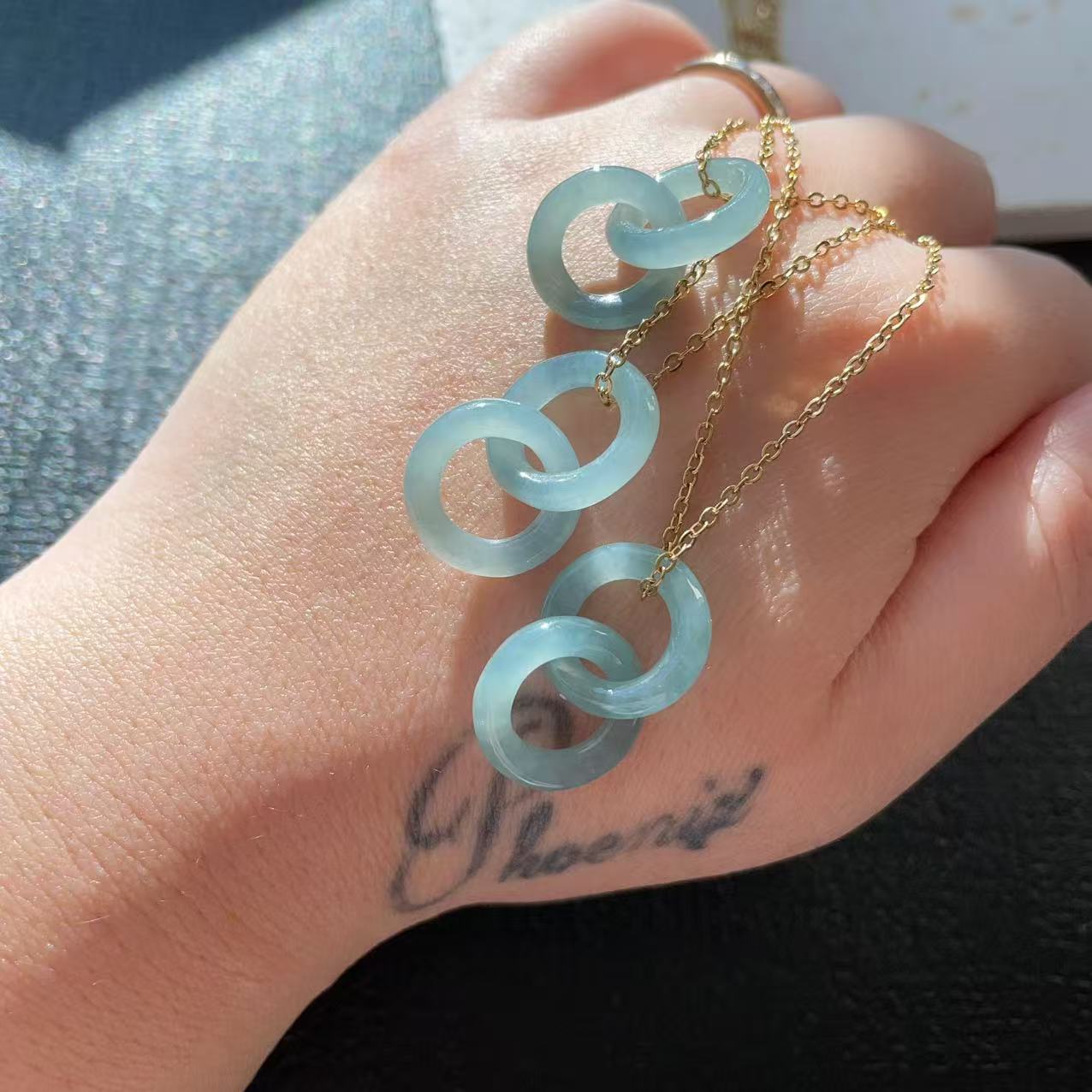 Natural Blue Green Jadeite Double Ring Necklace | Minimalist Jadeite Pendant in 18K Gold Plated Chain