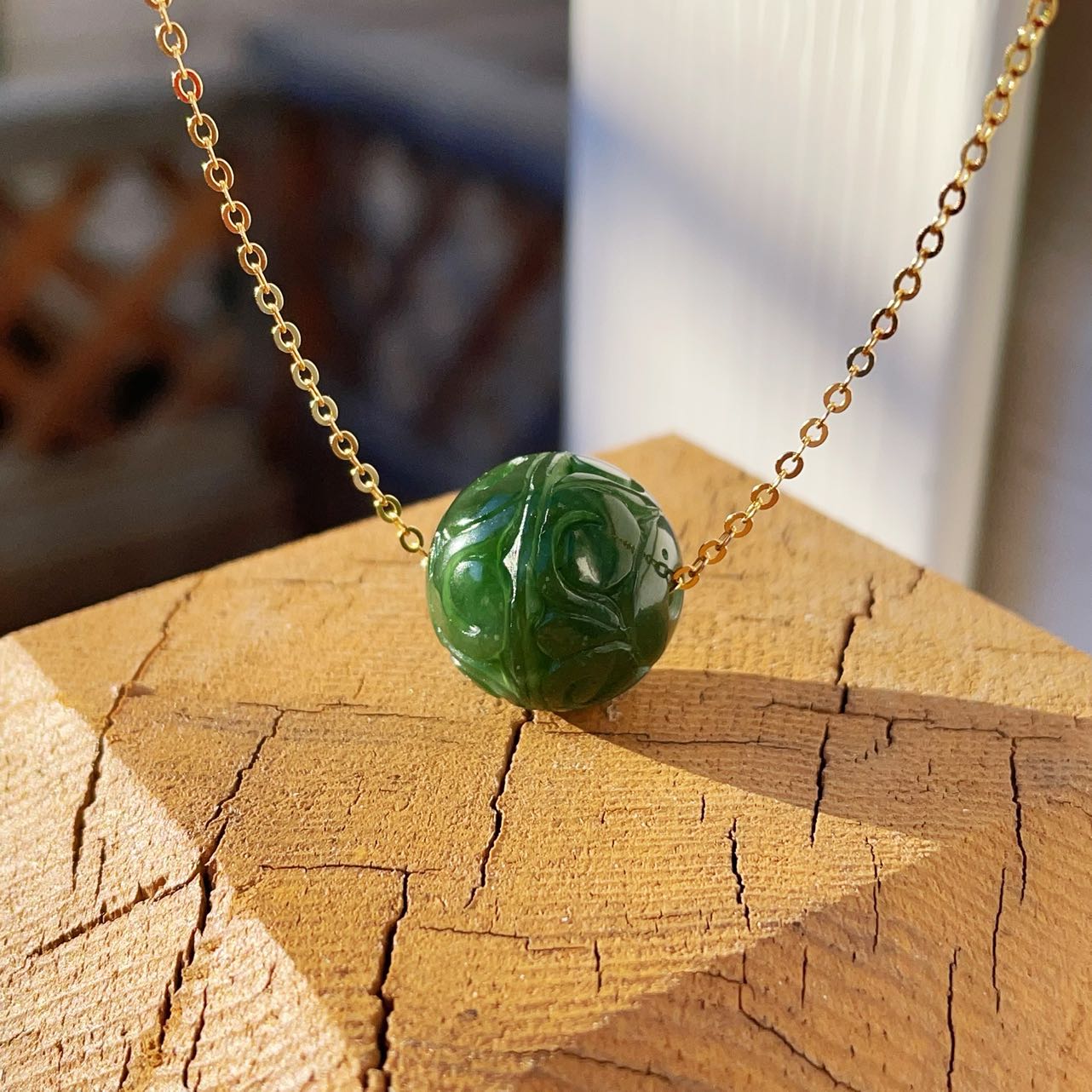 Natural Green Jade Carved Bead Necklace – Hand-Carved Round Jade Pendant with Gold Plated Chain