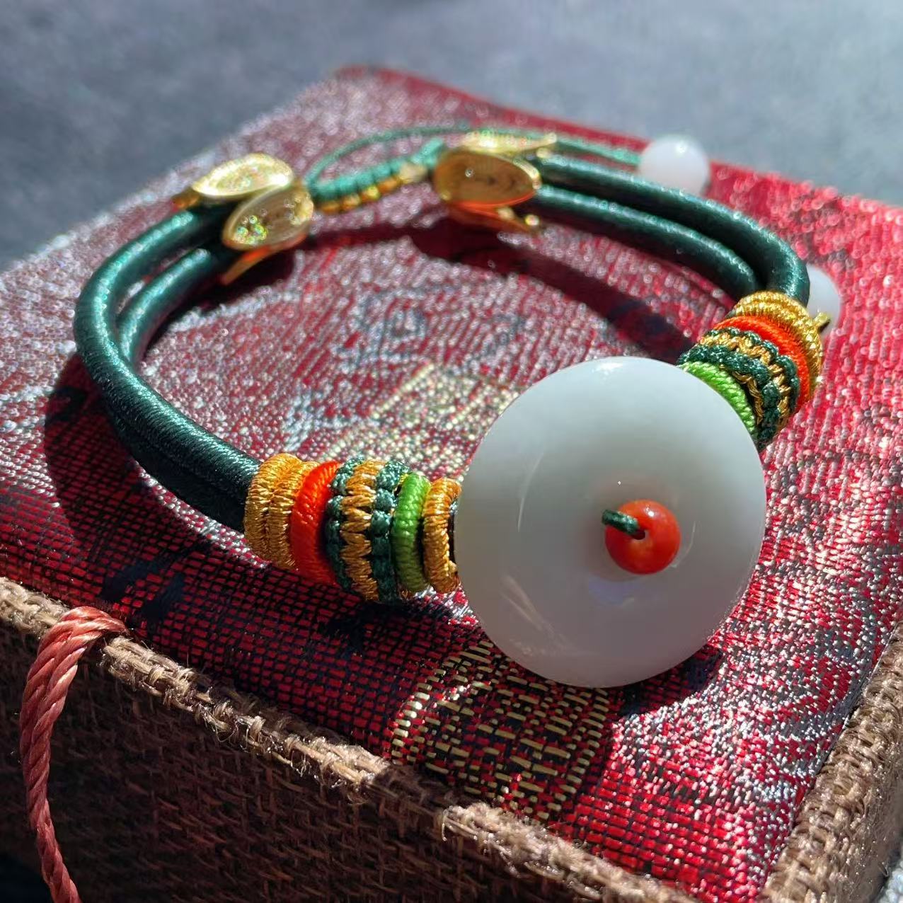 Certified Natural Jadeite Peace Buckle Bracelet ,Adjustable Handwoven Design, Grade A Jadeite Bracelet