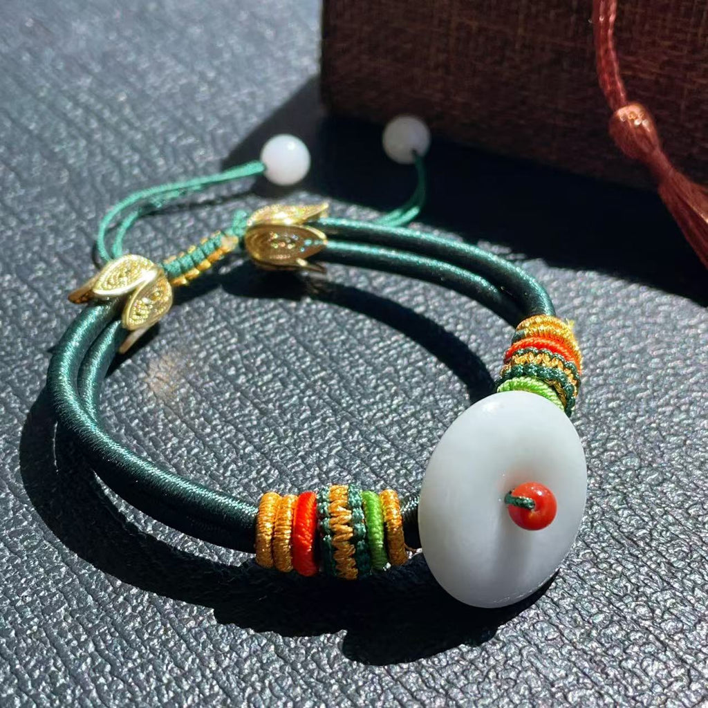 Certified Natural Jadeite Peace Buckle Bracelet ,Adjustable Handwoven Design, Grade A Jadeite Bracelet