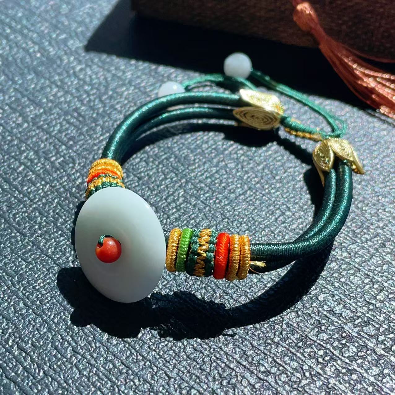 Certified Natural Jadeite Peace Buckle Bracelet ,Adjustable Handwoven Design, Grade A Jadeite Bracelet