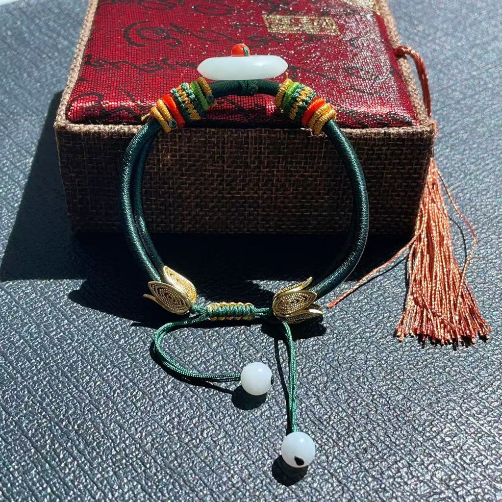 Certified Natural Jadeite Peace Buckle Bracelet ,Adjustable Handwoven Design, Grade A Jadeite Bracelet
