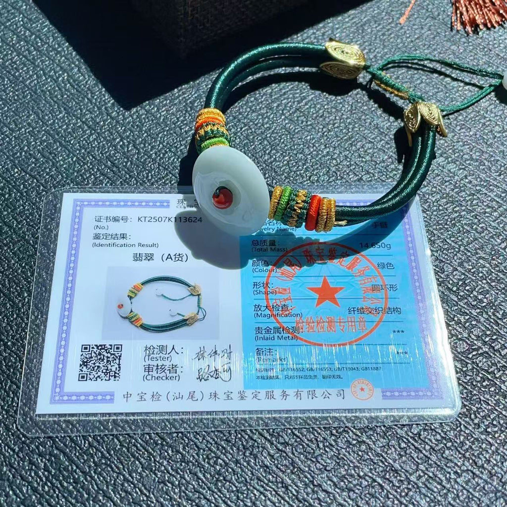 Certified Natural Jadeite Peace Buckle Bracelet ,Adjustable Handwoven Design, Grade A Jadeite Bracelet