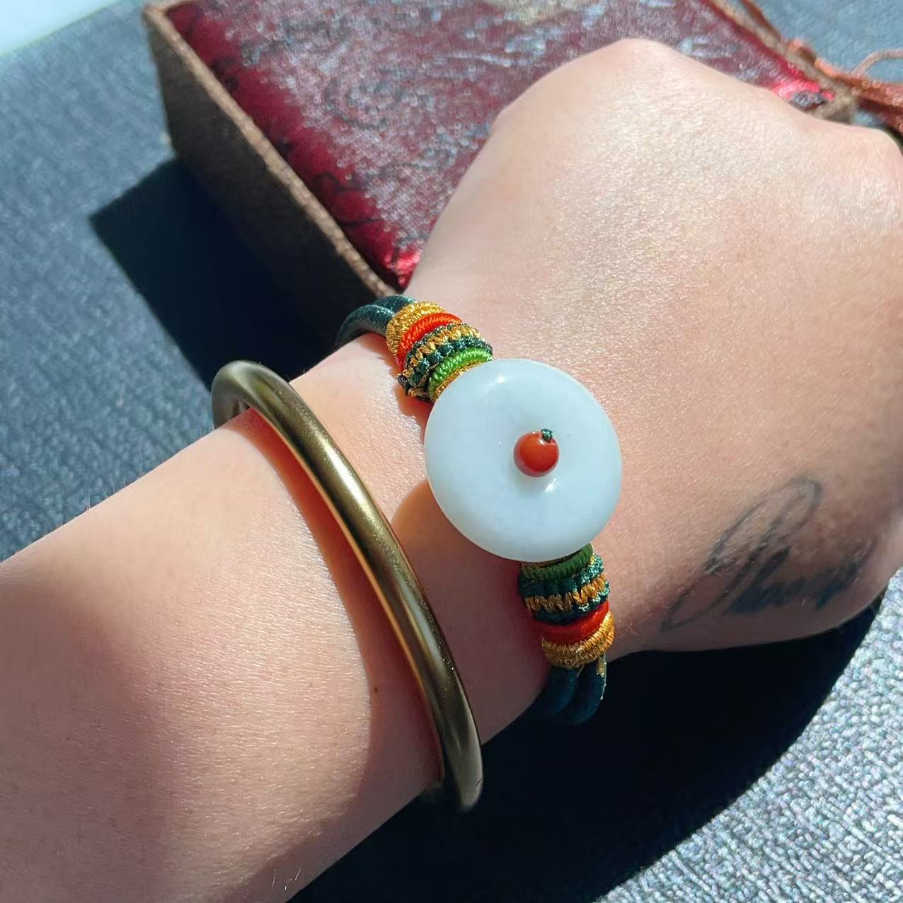 Certified Natural Jadeite Peace Buckle Bracelet ,Adjustable Handwoven Design, Grade A Jadeite Bracelet