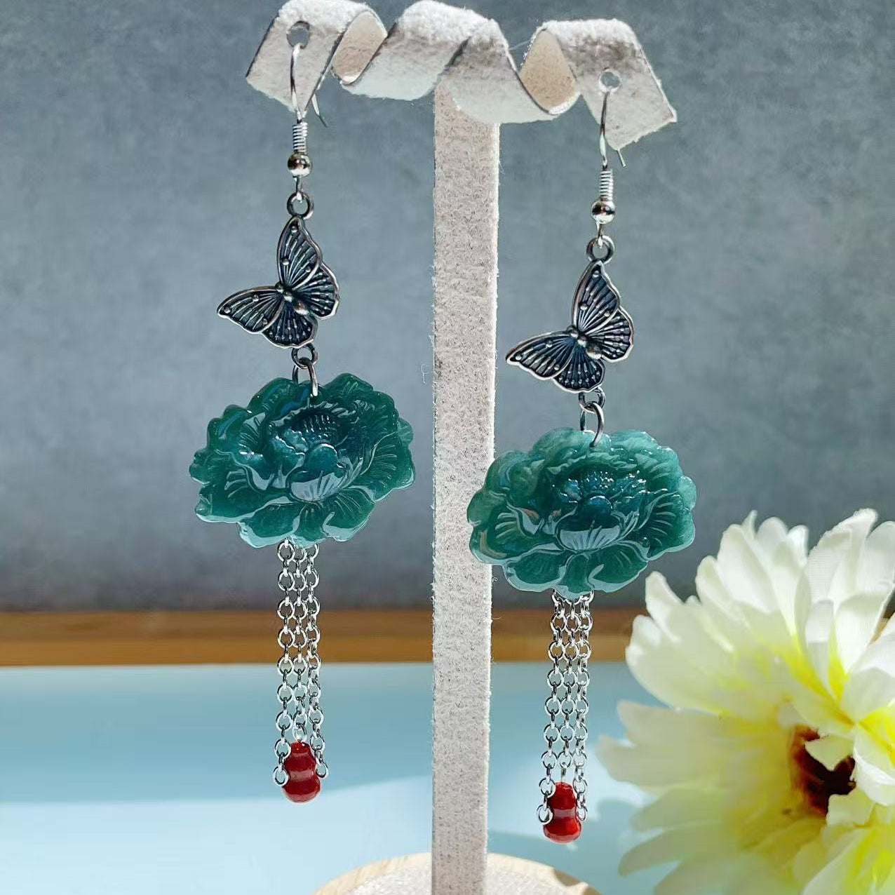 Natural Blue Water Jade Peony Drop Earrings，925 Silver Hook, Grade A Jadeite Earring