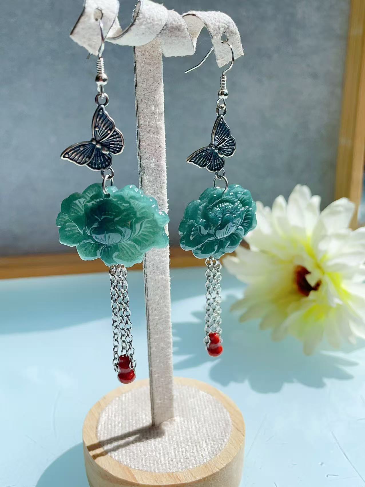 Natural Blue Water Jade Peony Drop Earrings，925 Silver Hook, Grade A Jadeite Earring
