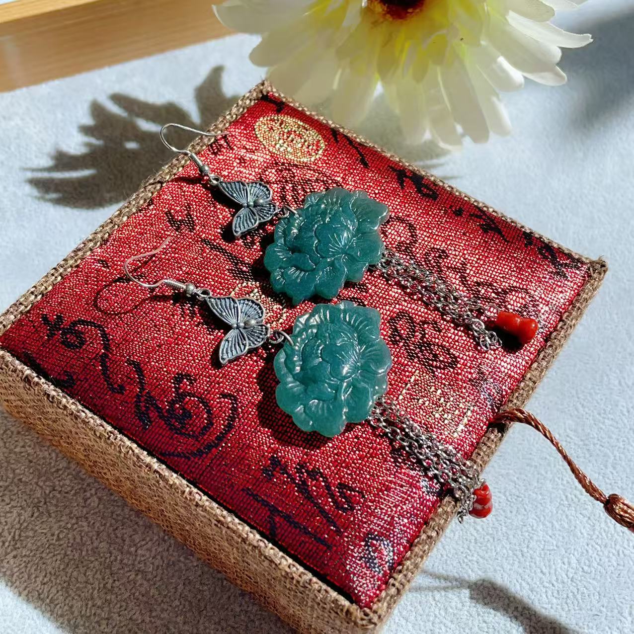 Natural Blue Water Jade Peony Drop Earrings，925 Silver Hook, Grade A Jadeite Earring