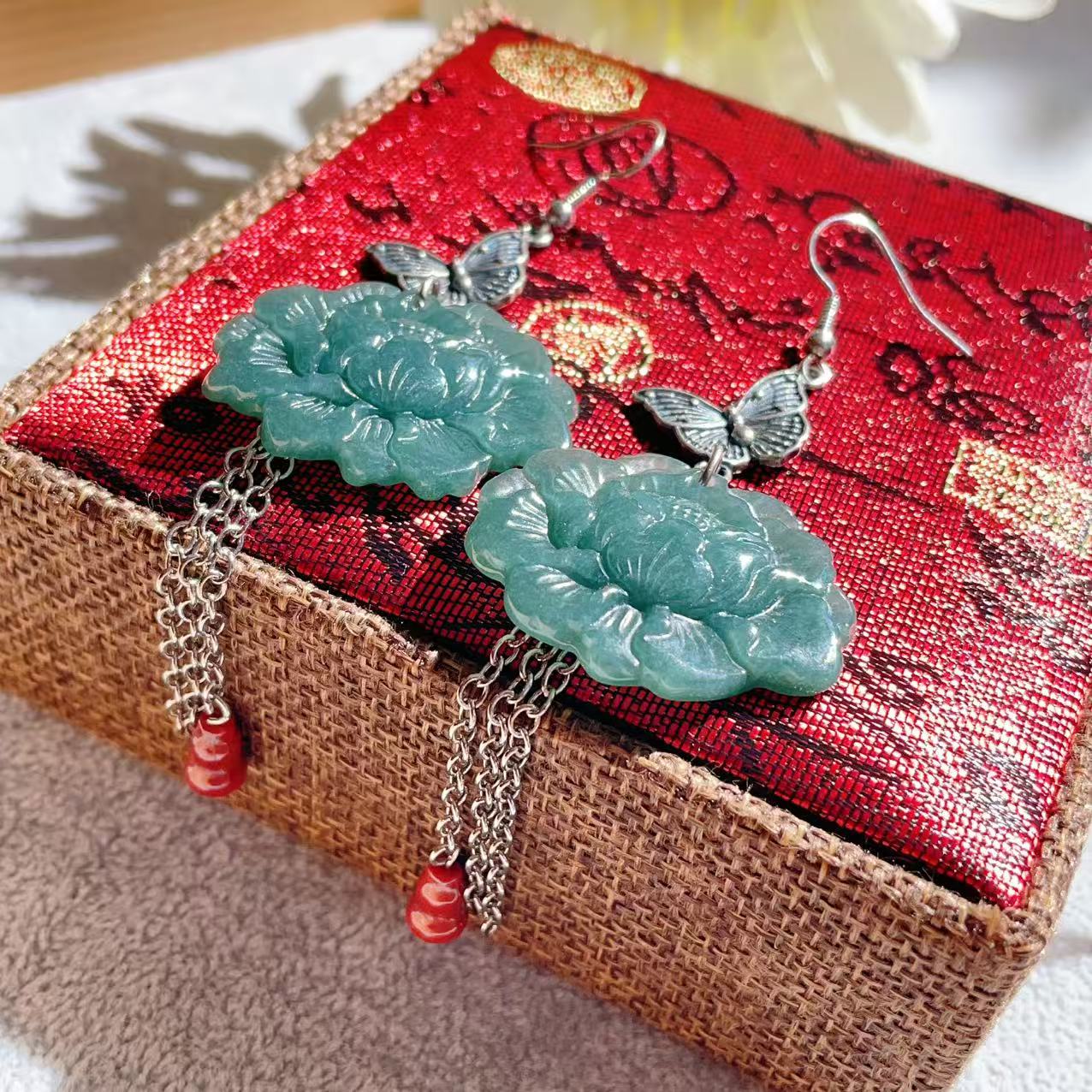 Natural Blue Water Jade Peony Drop Earrings，925 Silver Hook, Grade A Jadeite Earring