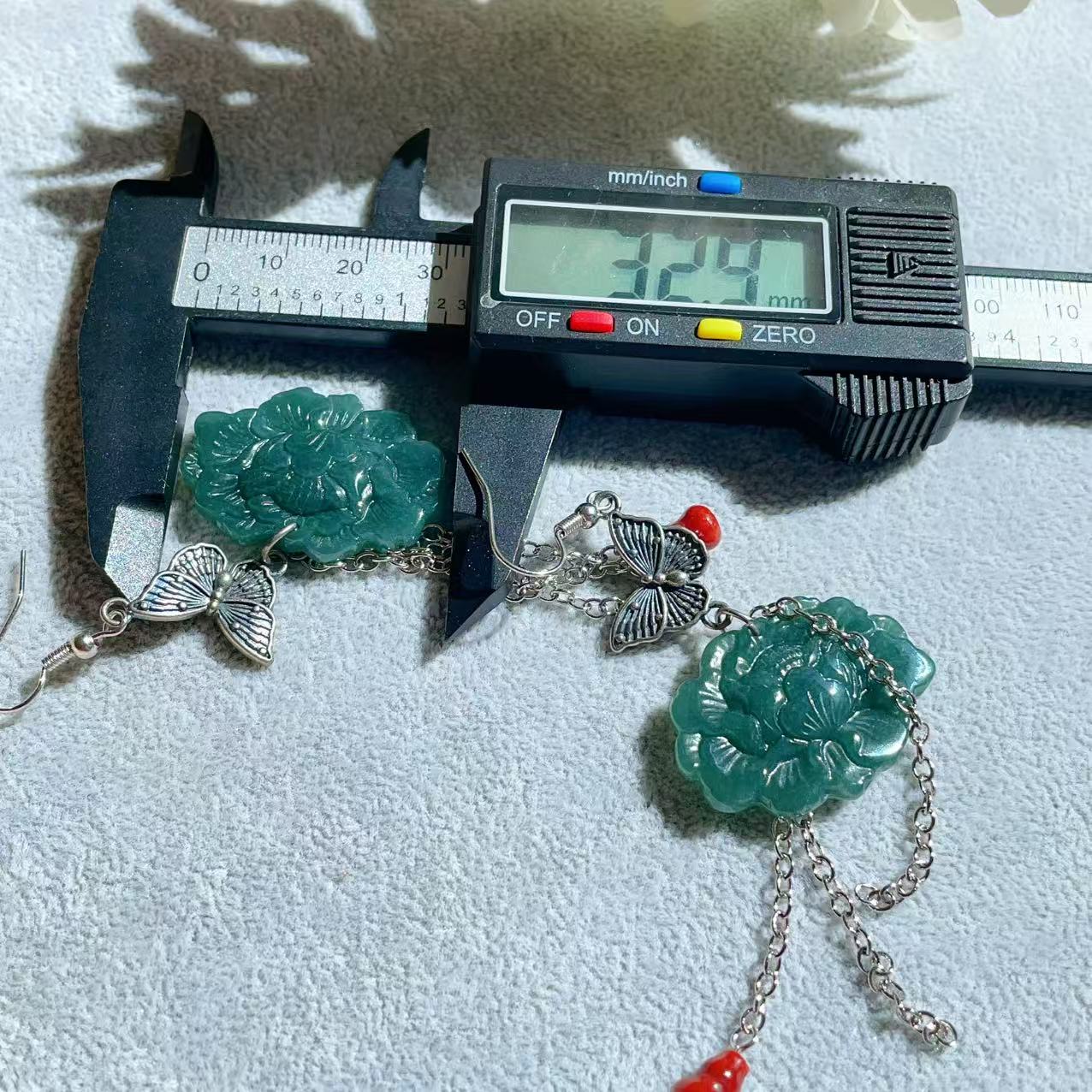 Natural Blue Water Jade Peony Drop Earrings，925 Silver Hook, Grade A Jadeite Earring