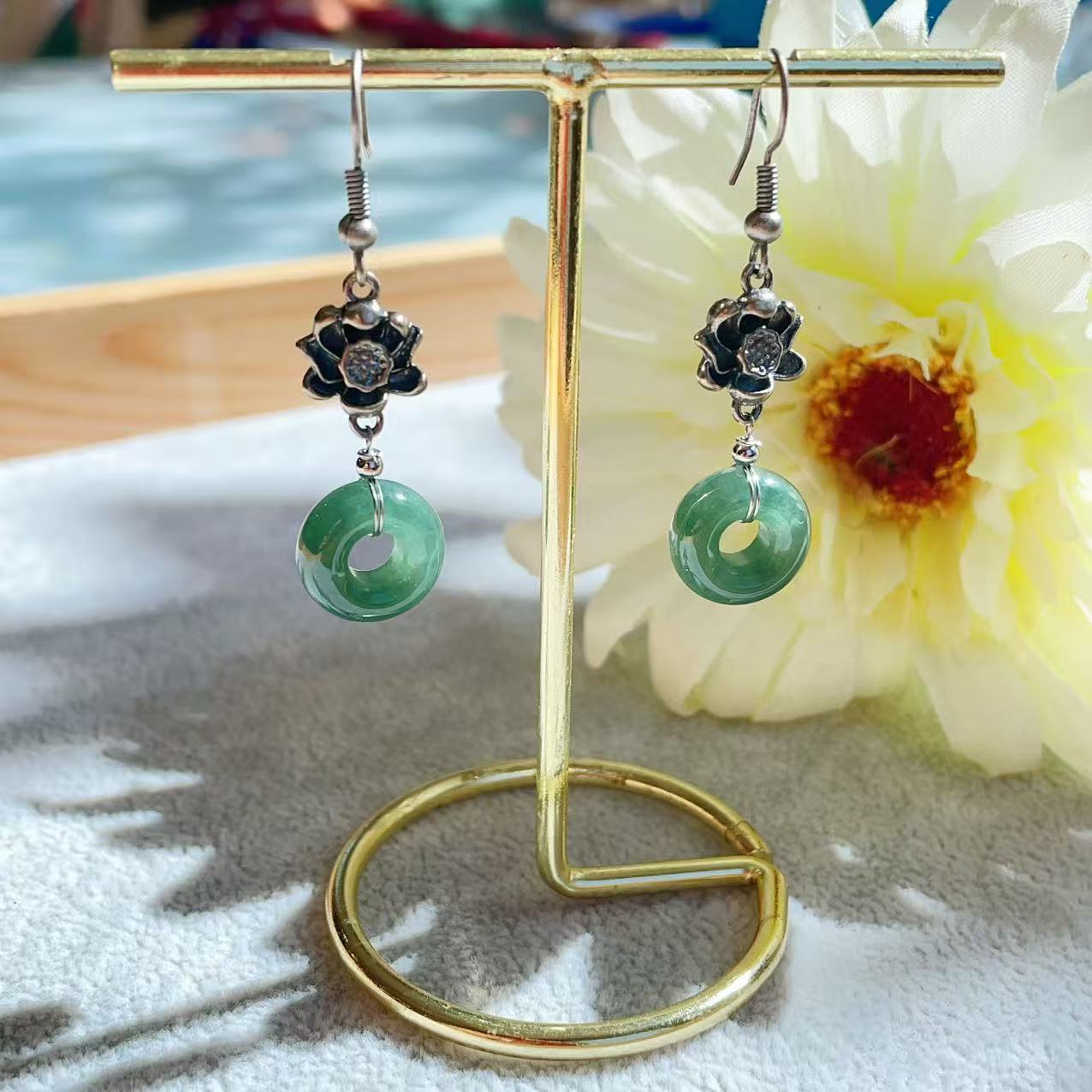 Natural Grade A Jadeite Drop Earrings, Donut Jadeite Earrings, Blue Jadeite Earrrings