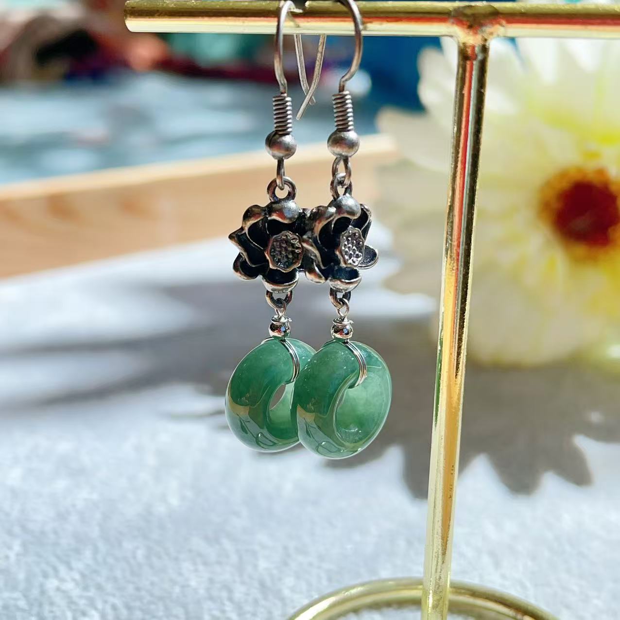 Natural Grade A Jadeite Drop Earrings, Donut Jadeite Earrings, Blue Jadeite Earrrings