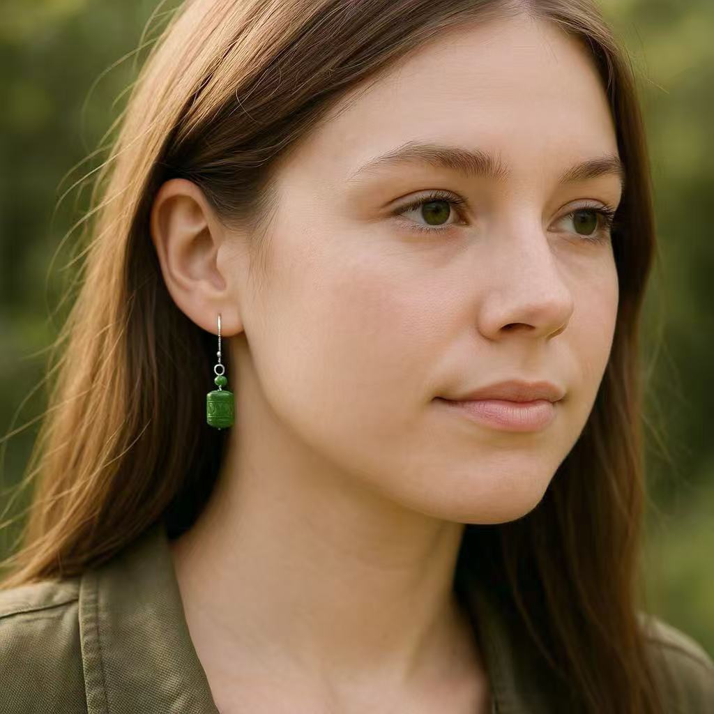 Natural Green Nephrite Jade Barrel Drop Earrings, Minimalist Green Jade Dangle Earrings