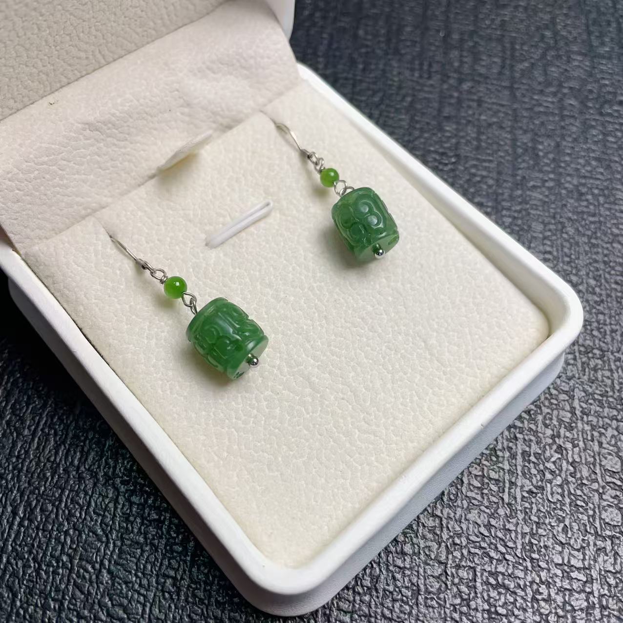 Natural Green Nephrite Jade Barrel Drop Earrings, Minimalist Green Jade Dangle Earrings