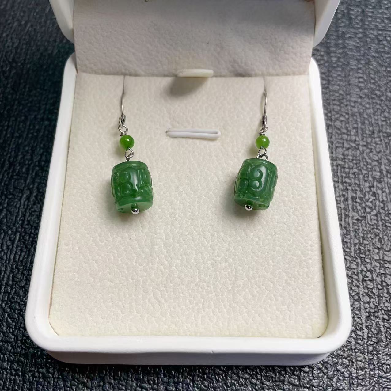 Natural Green Nephrite Jade Barrel Drop Earrings, Minimalist Green Jade Dangle Earrings