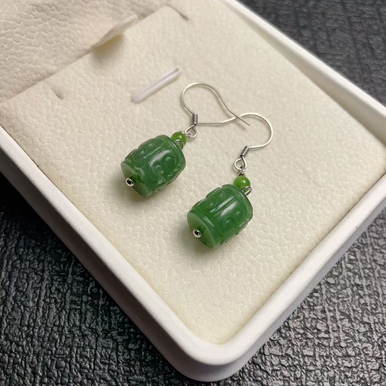Natural Green Nephrite Jade Barrel Drop Earrings, Minimalist Green Jade Dangle Earrings