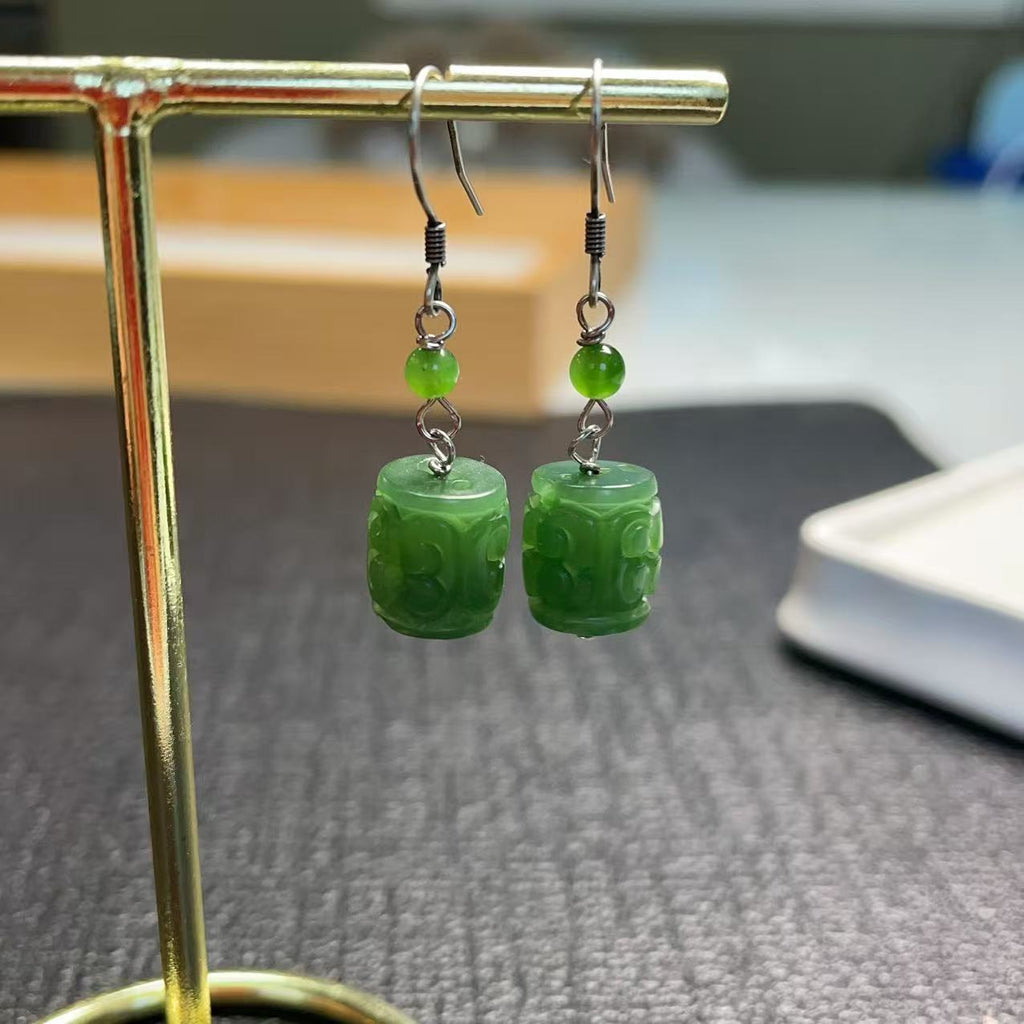 Natural Green Nephrite Jade Barrel Drop Earrings, Minimalist Green Jade Dangle Earrings