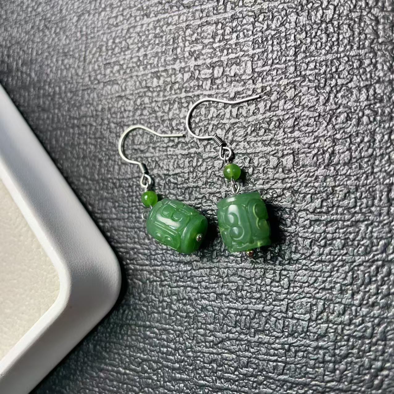 Natural Green Nephrite Jade Barrel Drop Earrings, Minimalist Green Jade Dangle Earrings