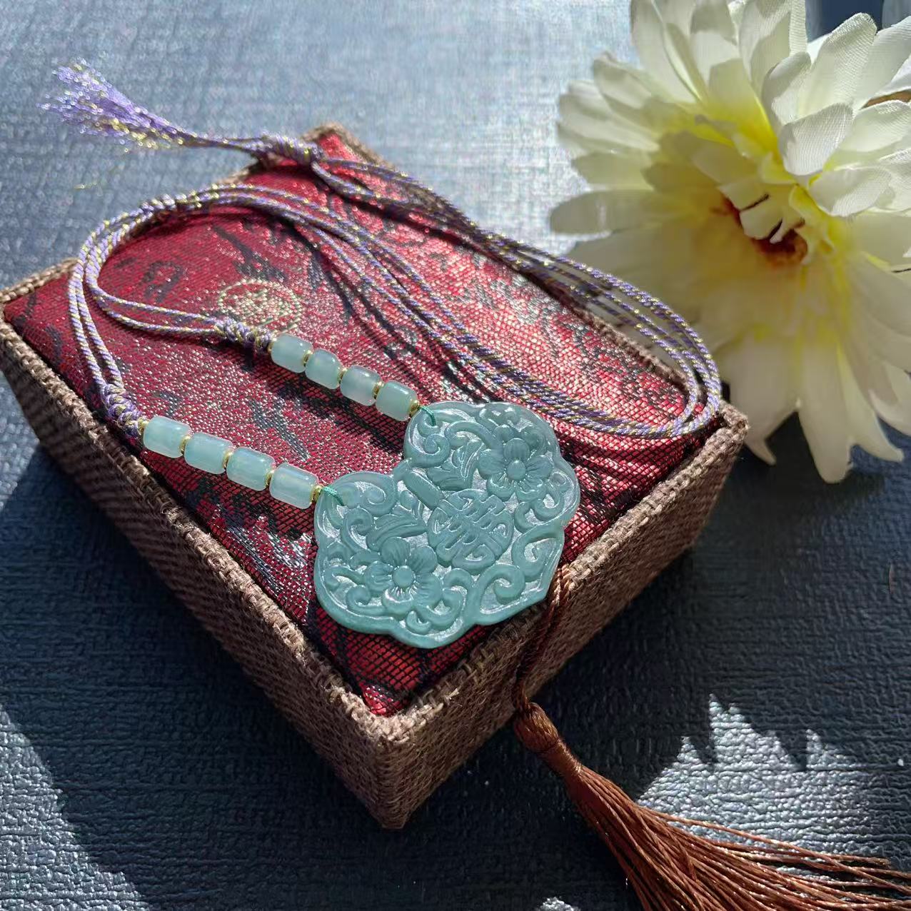 Certified Natural Blue Water Jade Peace Lock Pendant Necklace ,Adjustable Cord, Grade A Jadeite Pendent