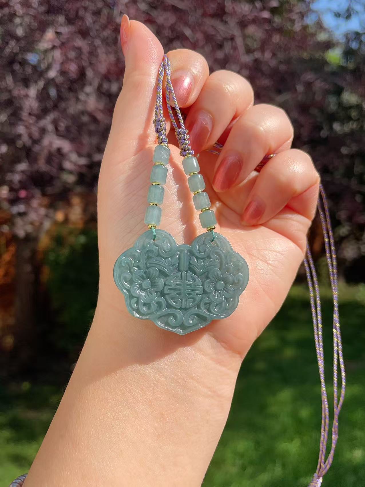 Certified Natural Blue Water Jade Peace Lock Pendant Necklace ,Adjustable Cord, Grade A Jadeite Pendent