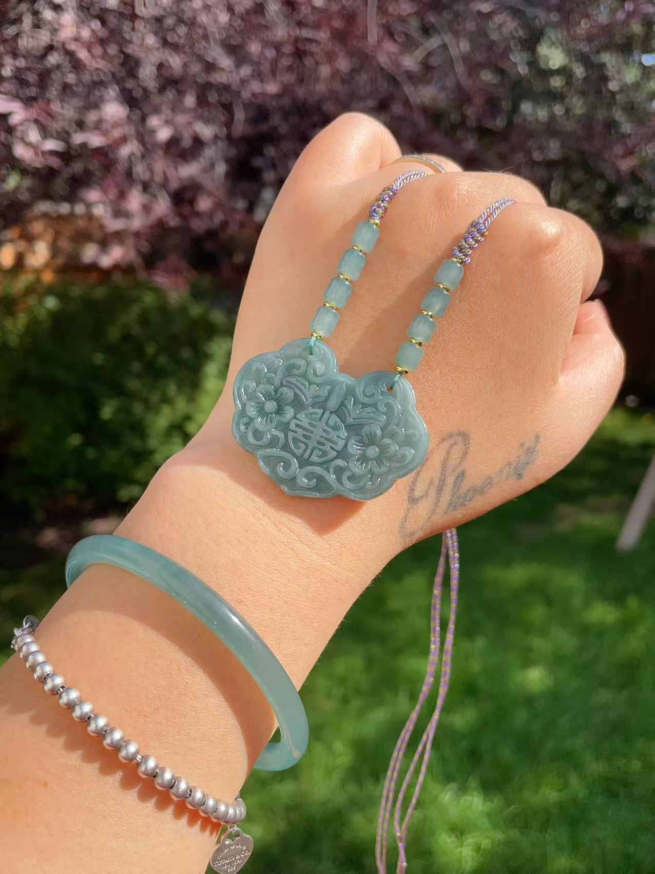 Certified Natural Blue Water Jade Peace Lock Pendant Necklace ,Adjustable Cord, Grade A Jadeite Pendent