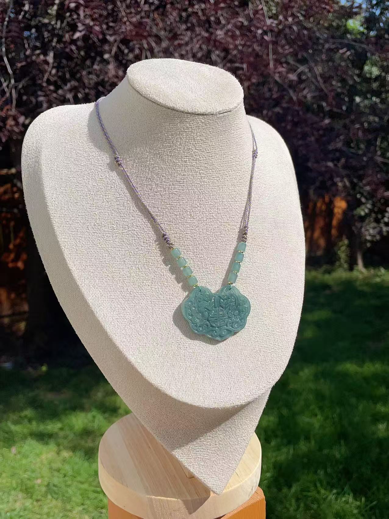 Certified Natural Blue Water Jade Peace Lock Pendant Necklace ,Adjustable Cord, Grade A Jadeite Pendent