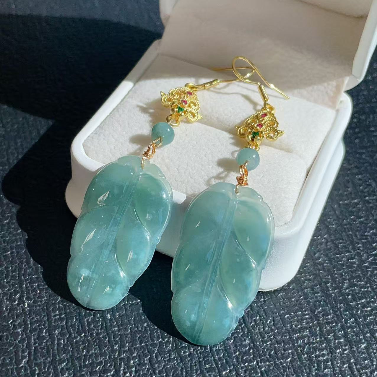 Certified Blue Jadeite Leaf Earrings, Grade A Jadeite Earrings, Natural Jadeite Earrings