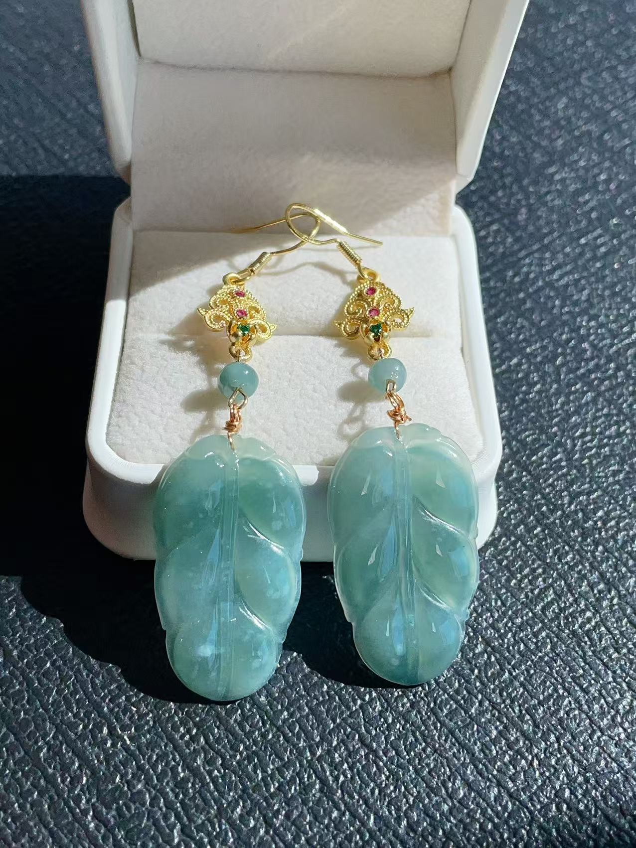 Certified Blue Jadeite Leaf Earrings, Grade A Jadeite Earrings, Natural Jadeite Earrings