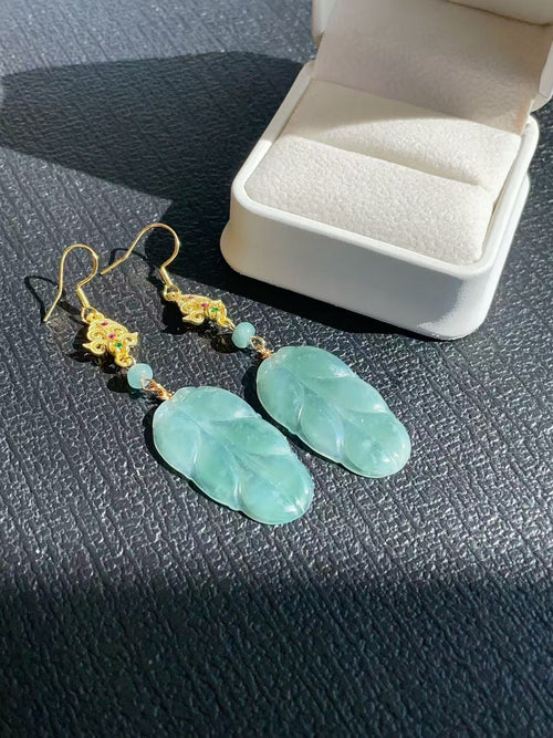 Certified Blue Jadeite Leaf Earrings, Grade A Jadeite Earrings, Natural Jadeite Earrings