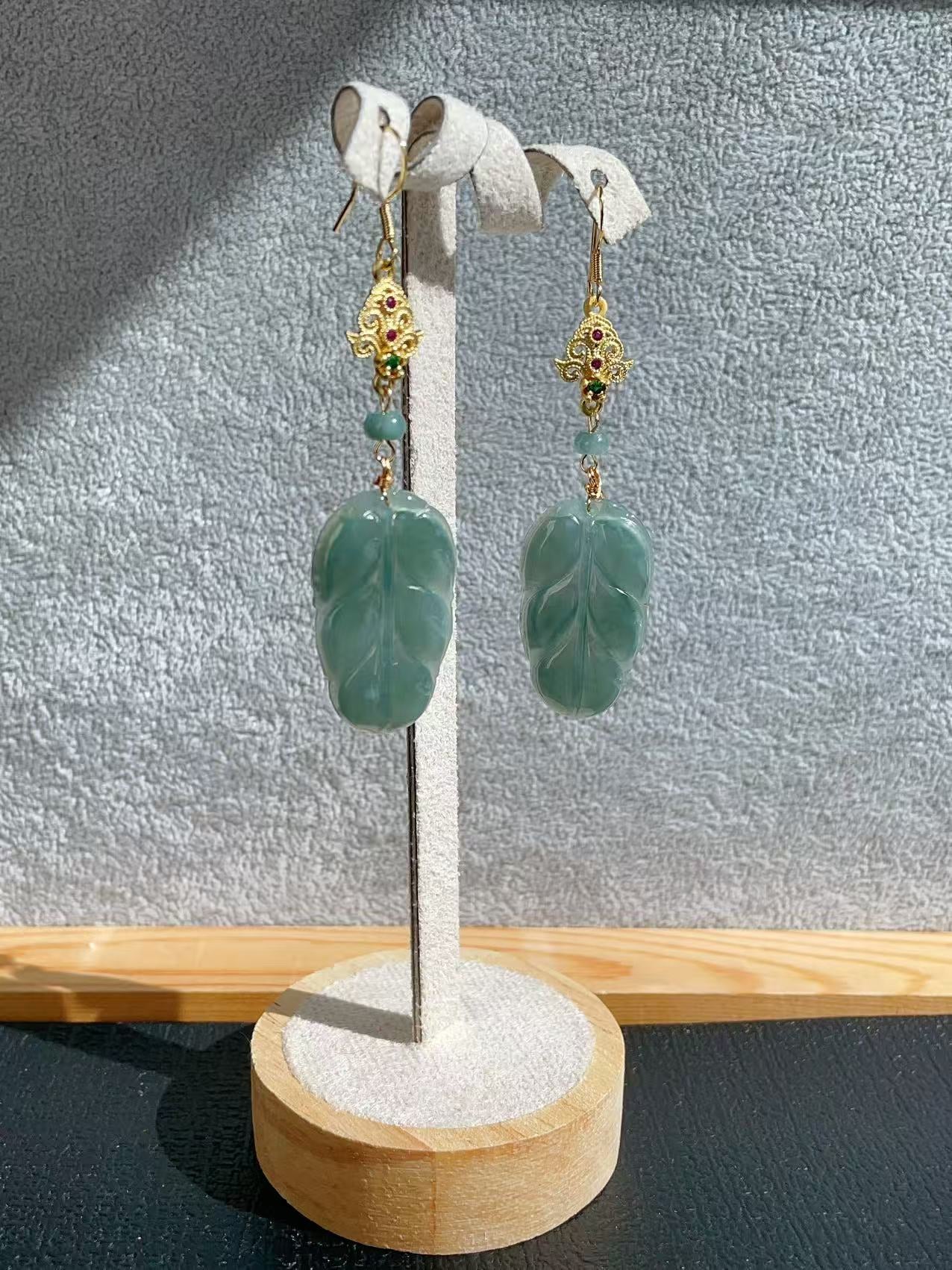 Certified Blue Jadeite Leaf Earrings, Grade A Jadeite Earrings, Natural Jadeite Earrings