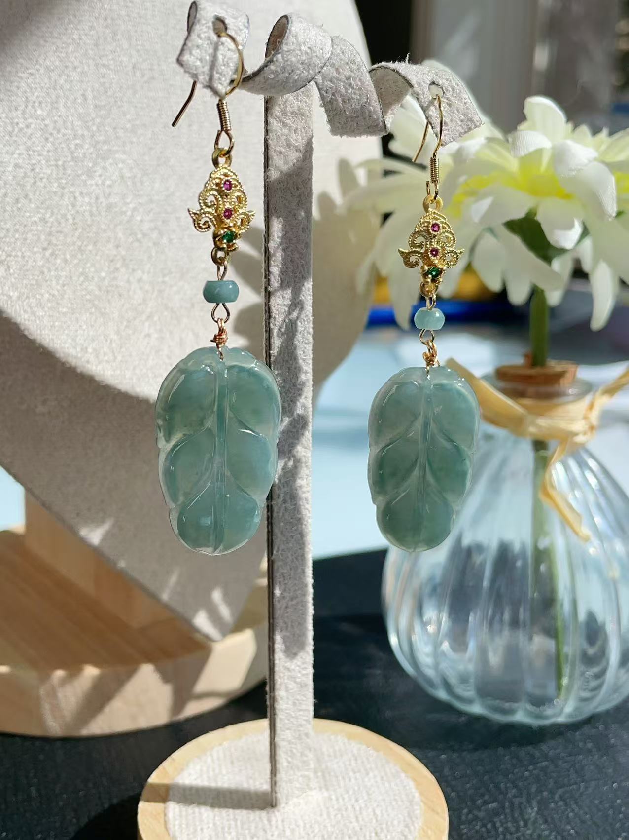Certified Blue Jadeite Leaf Earrings, Grade A Jadeite Earrings, Natural Jadeite Earrings