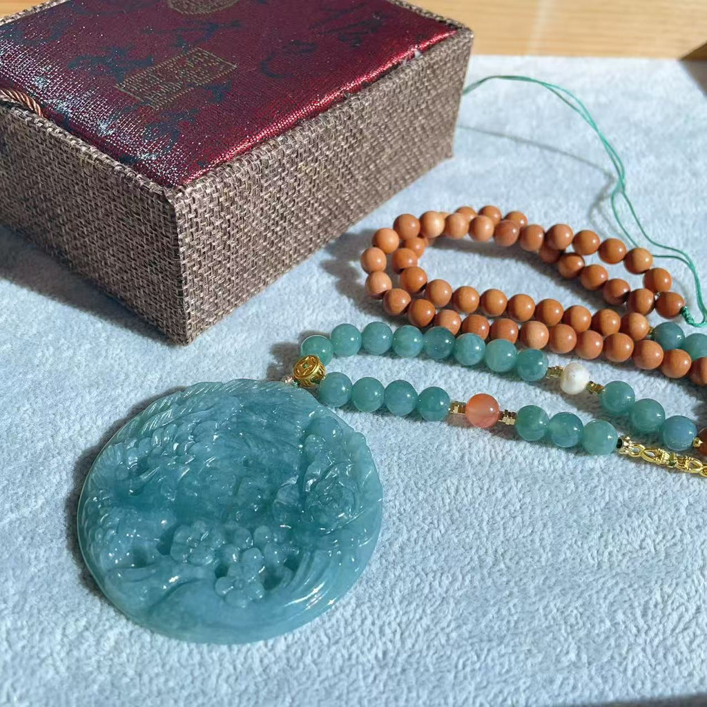 Certified Jadeite  Phoenix & Peony Pendant Necklace, Natural Grade A Blue Jadeite Pendent, Large Jadeite Pendent