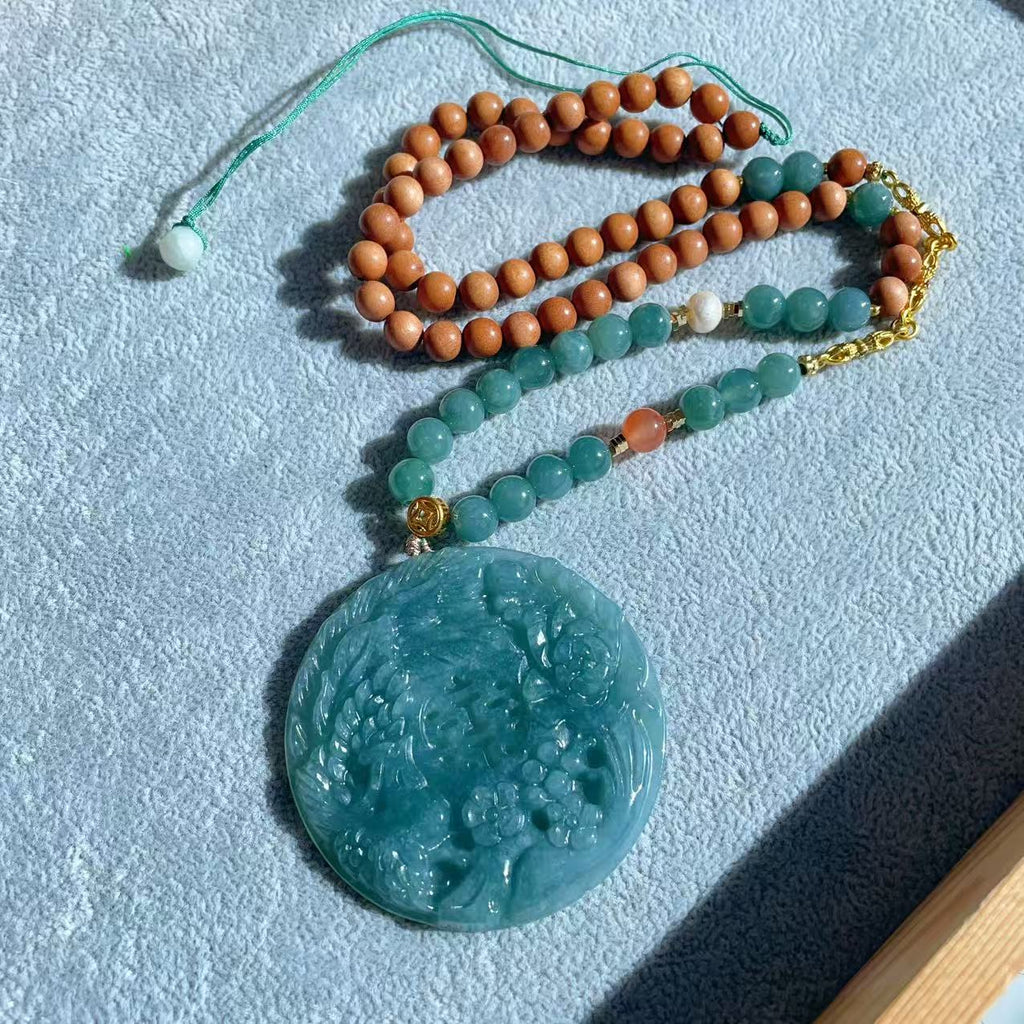 Certified Jadeite  Phoenix & Peony Pendant Necklace, Natural Grade A Blue Jadeite Pendent, Large Jadeite Pendent