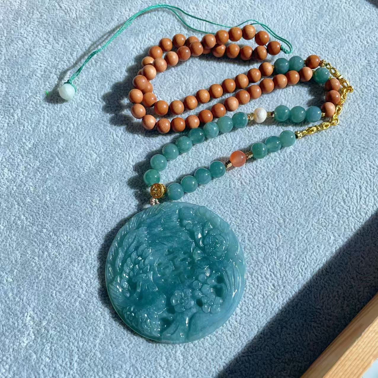 Certified Jadeite  Phoenix & Peony Pendant Necklace, Natural Grade A Blue Jadeite Pendent, Large Jadeite Pendent