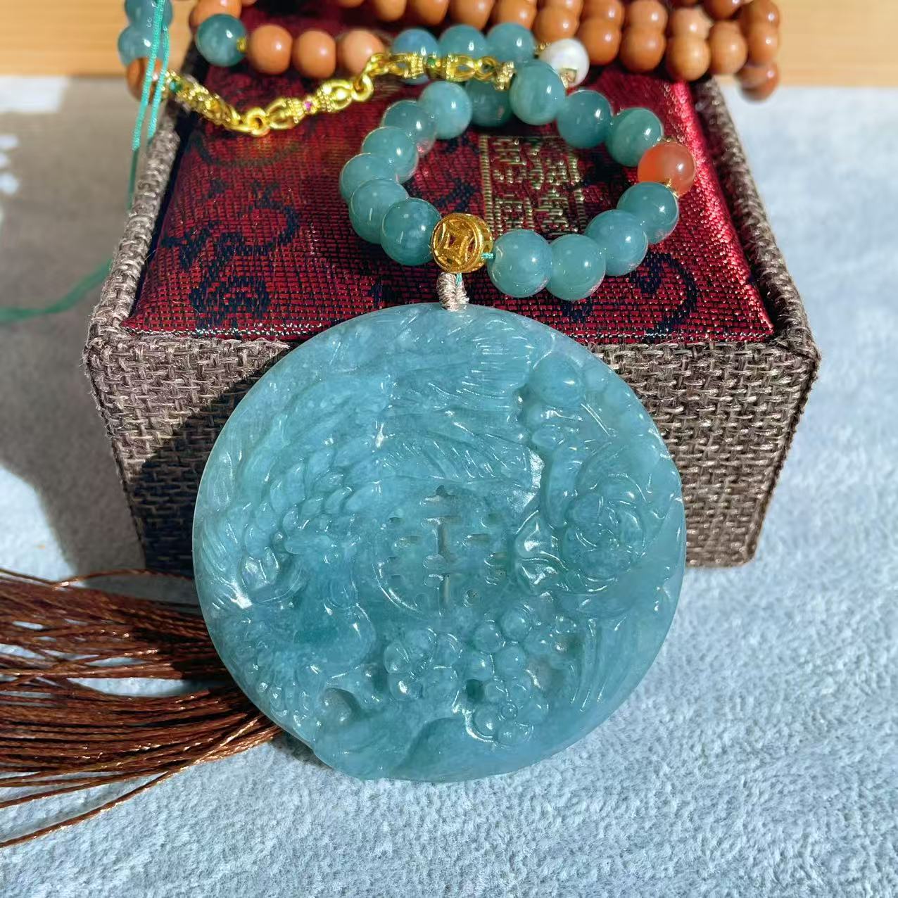 Certified Jadeite  Phoenix & Peony Pendant Necklace, Natural Grade A Blue Jadeite Pendent, Large Jadeite Pendent