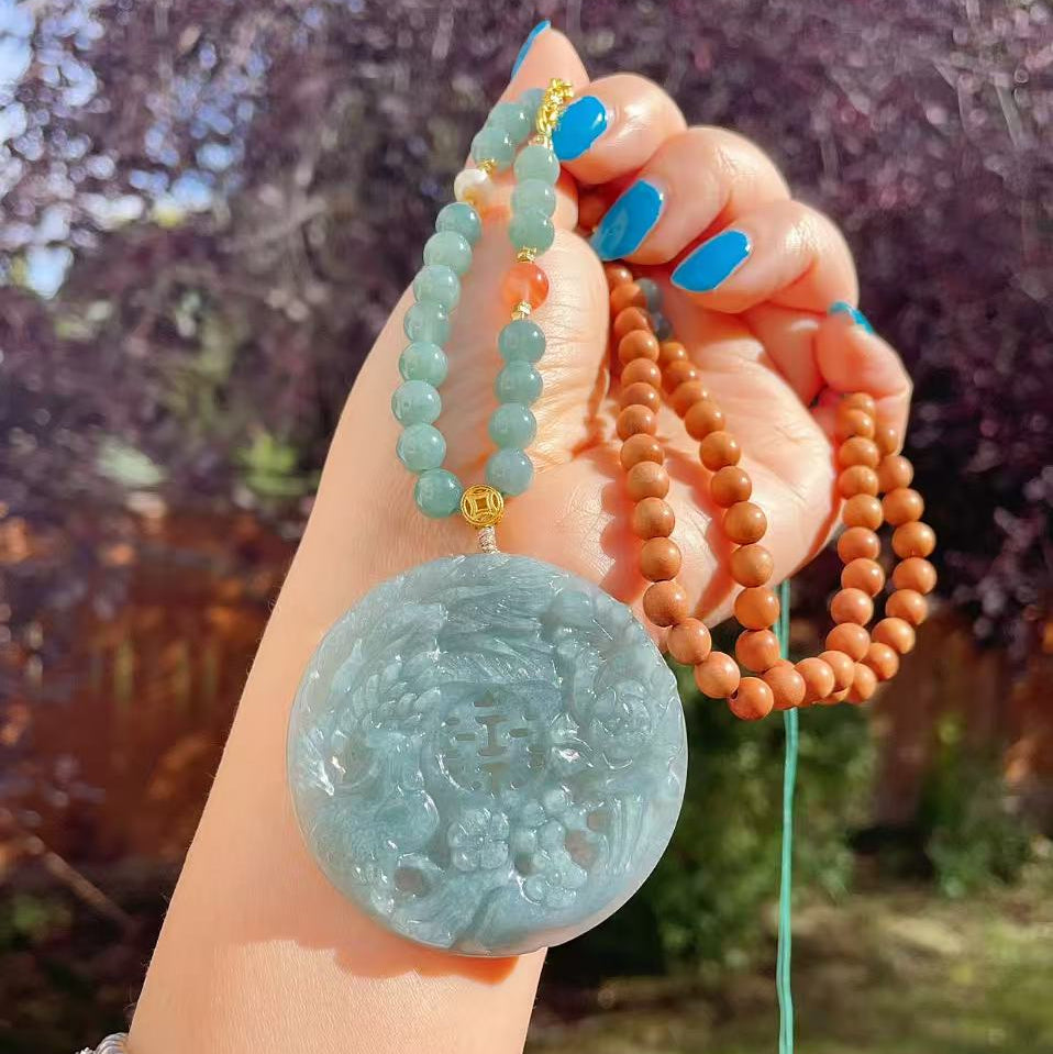 Certified Jadeite  Phoenix & Peony Pendant Necklace, Natural Grade A Blue Jadeite Pendent, Large Jadeite Pendent