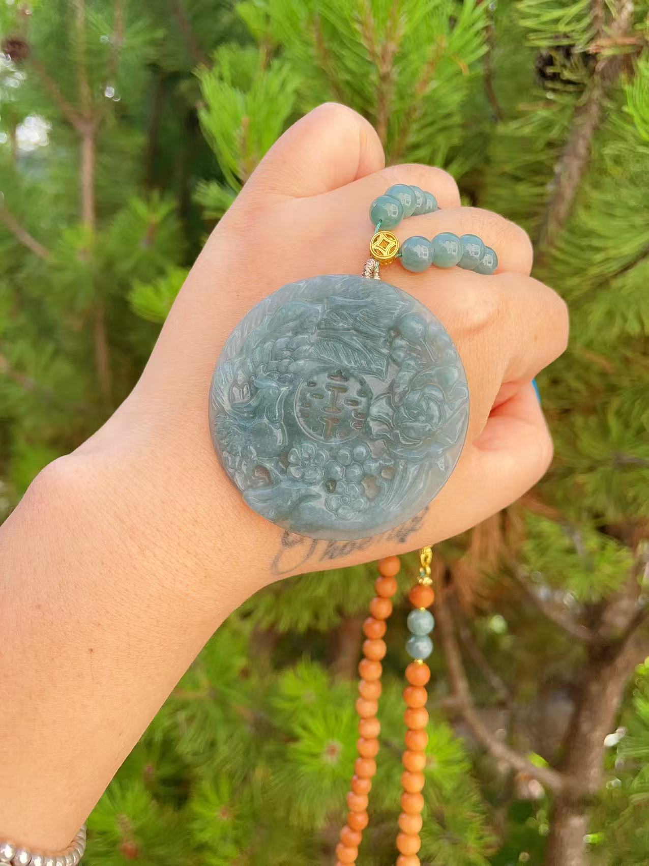 Certified Jadeite  Phoenix & Peony Pendant Necklace, Natural Grade A Blue Jadeite Pendent, Large Jadeite Pendent