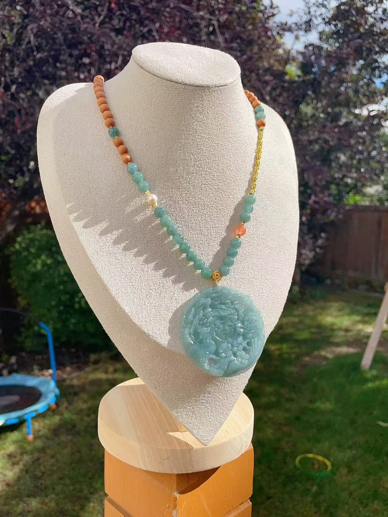 Certified Jadeite  Phoenix & Peony Pendant Necklace, Natural Grade A Blue Jadeite Pendent, Large Jadeite Pendent