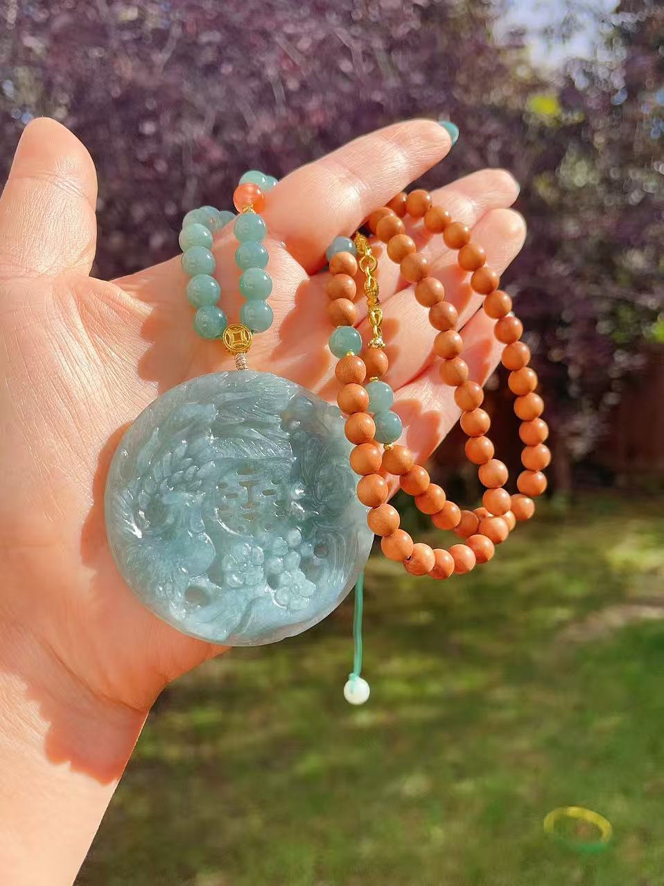 Certified Jadeite  Phoenix & Peony Pendant Necklace, Natural Grade A Blue Jadeite Pendent, Large Jadeite Pendent