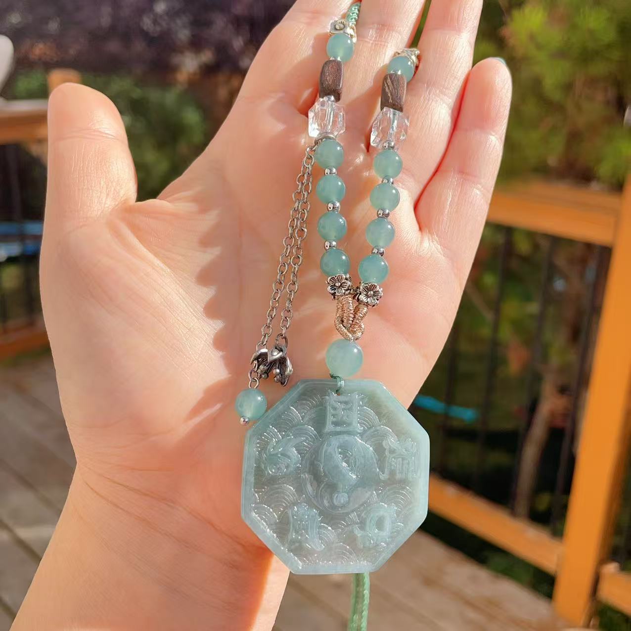 Certified Blue Jadeite Bagua Pendent , Lucky Natural Jadeite Pendent, Grade A Jadeite Pendent