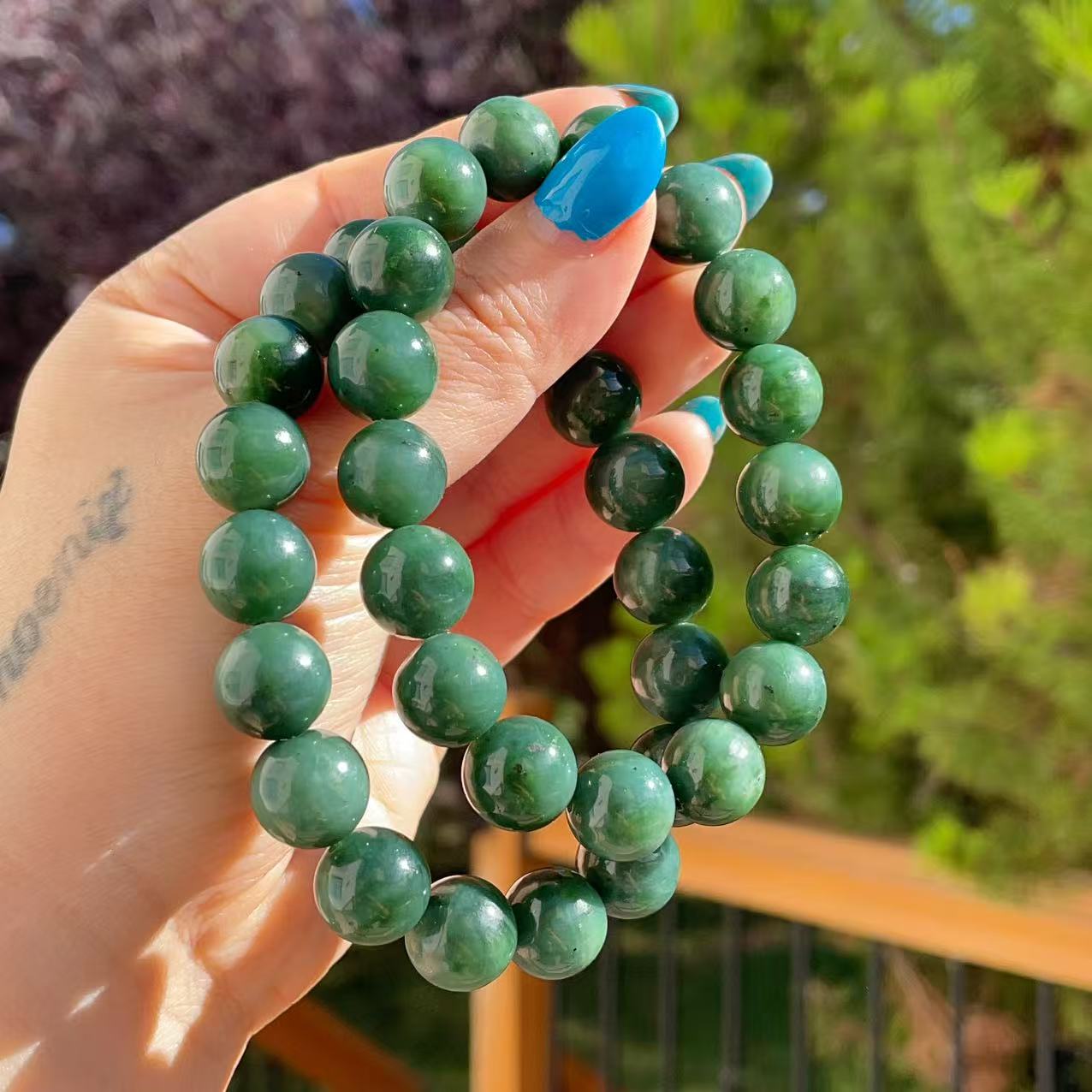 Certified Natural Green- Blue Jade Bracelet, 12mm Jade Beaded Bracelet, Natural Jade Bracelet