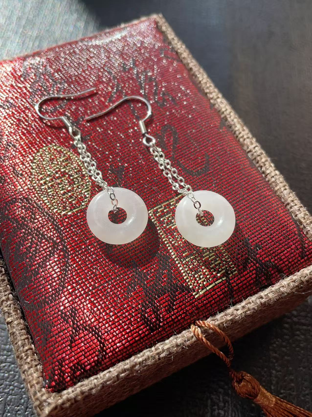 Certified Natural White Jade Donut Earrings, 925 Silver Genuine Hetian Jade  Peace Buckle Dangle Earrings ,Minimalist Lucky Drop Earrings ,Gift for Her