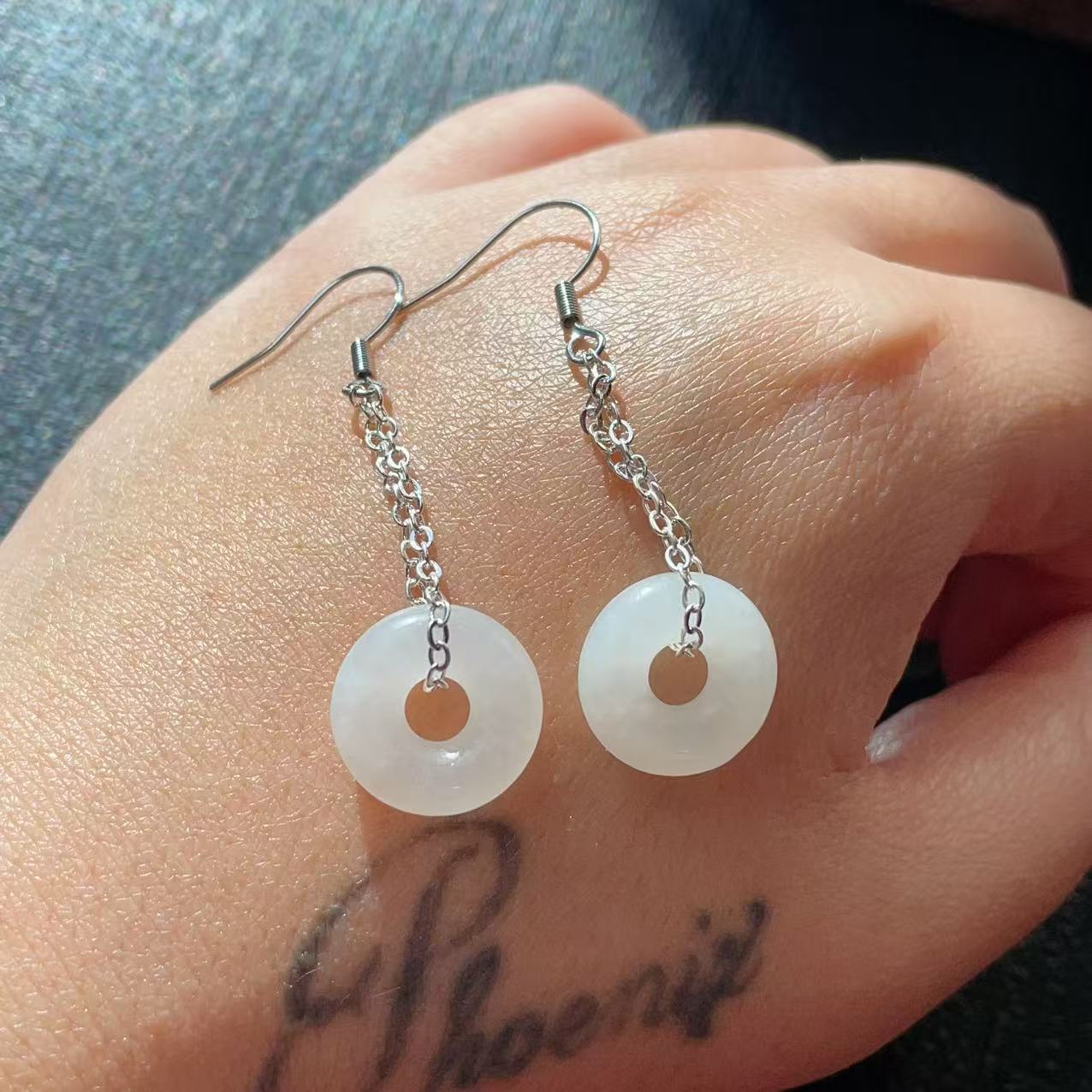 Certified Natural White Jade Donut Earrings, 925 Silver Genuine Hetian Jade  Peace Buckle Dangle Earrings ,Minimalist Lucky Drop Earrings ,Gift for Her