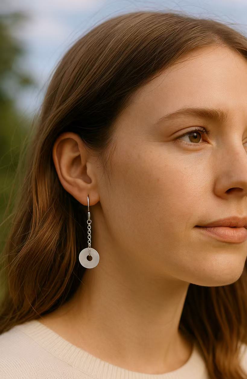 Certified Natural White Jade Donut Earrings, 925 Silver Genuine Hetian Jade  Peace Buckle Dangle Earrings ,Minimalist Lucky Drop Earrings ,Gift for Her